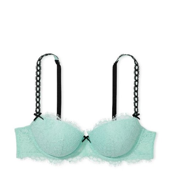 38DDD Victoria's Secret Dream Angels Ribbon Slot Lined Demi Bra Opal Blue Lace - Picture 2 of 8